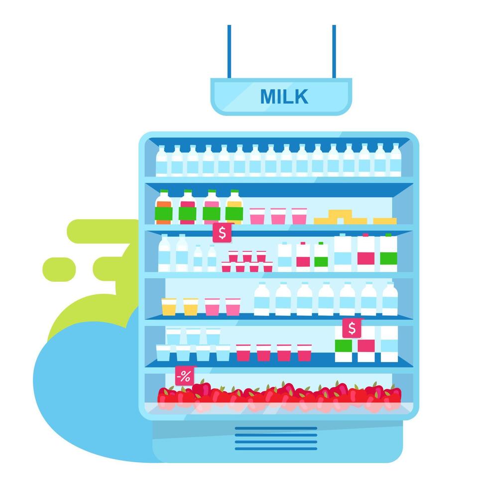 mejeriprodukter på butiksstånd platt vektorillustration. lantbruk och vegetarisk matsortiment i butik. bondens marknad. hälsosamma produkter i snabbköpet, stort urval av naturvaror vektor