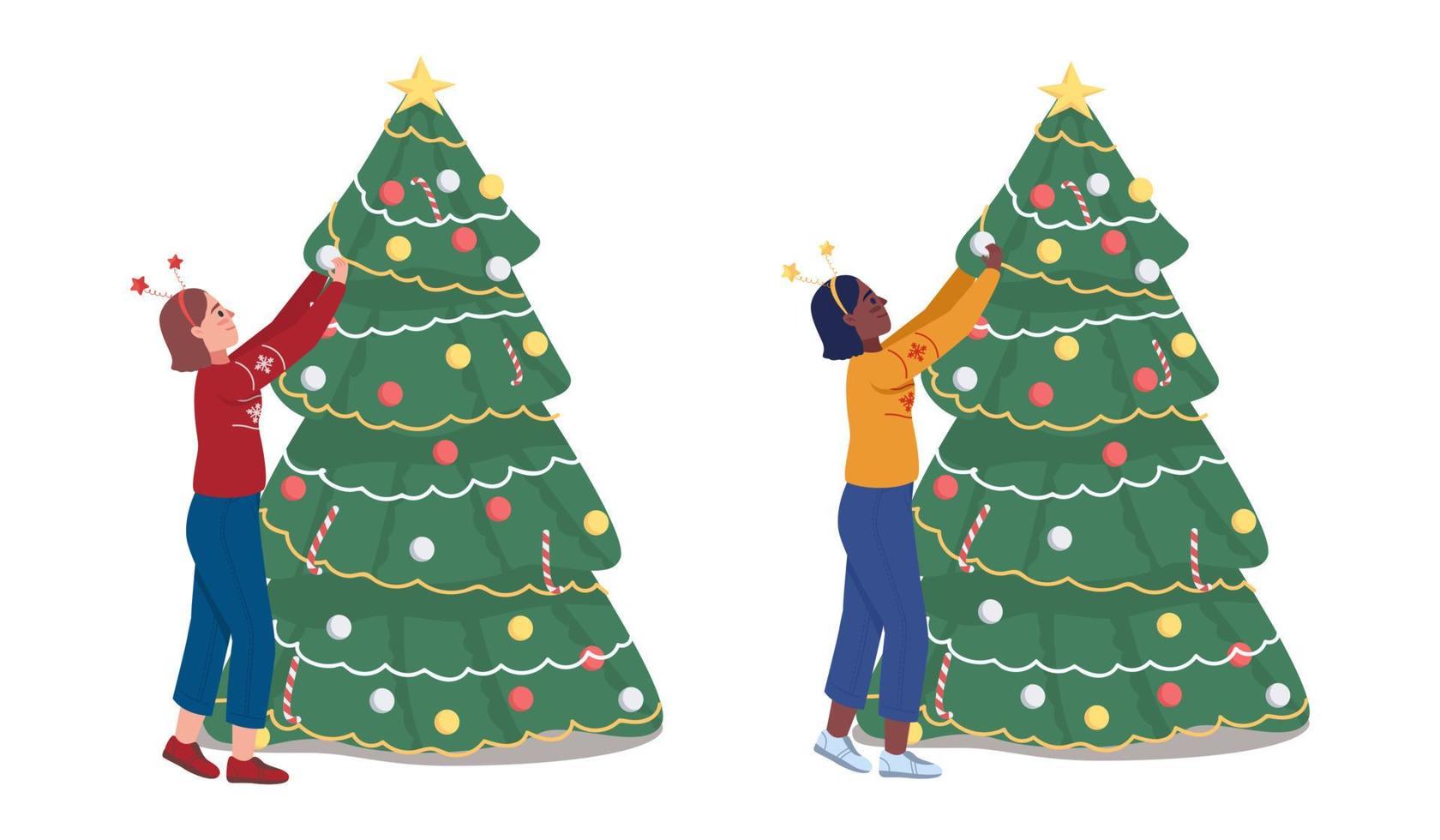 Frau mit Weihnachtsbaum halb flacher Farbvektorzeichensatz. posierende Figur. Ganzkörper-Person auf weiß. Wintersaison isolierte moderne Cartoon-Stil Illustration für Grafikdesign und Animations-Kit vektor