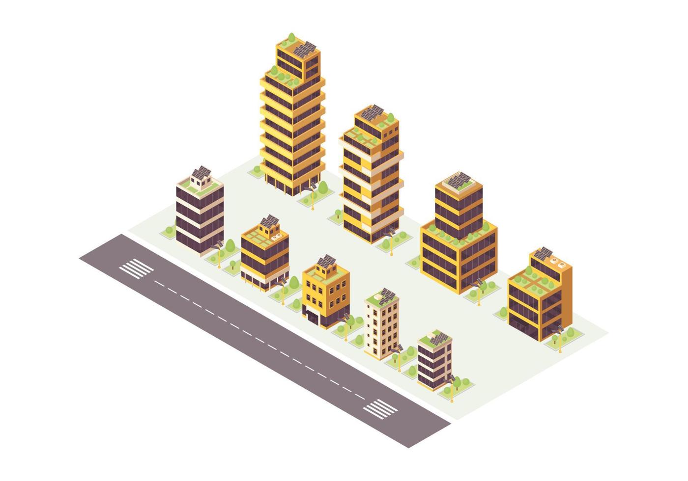 Öko-Stadt isometrische Farbvektorillustration. Infografik zur intelligenten Stadt. Erneuerbare Energieproduktion 3D-Konzept. umweltfreundliche, nachhaltige, grüne Gebäude. urbanes Ökosystem. isoliertes Gestaltungselement vektor