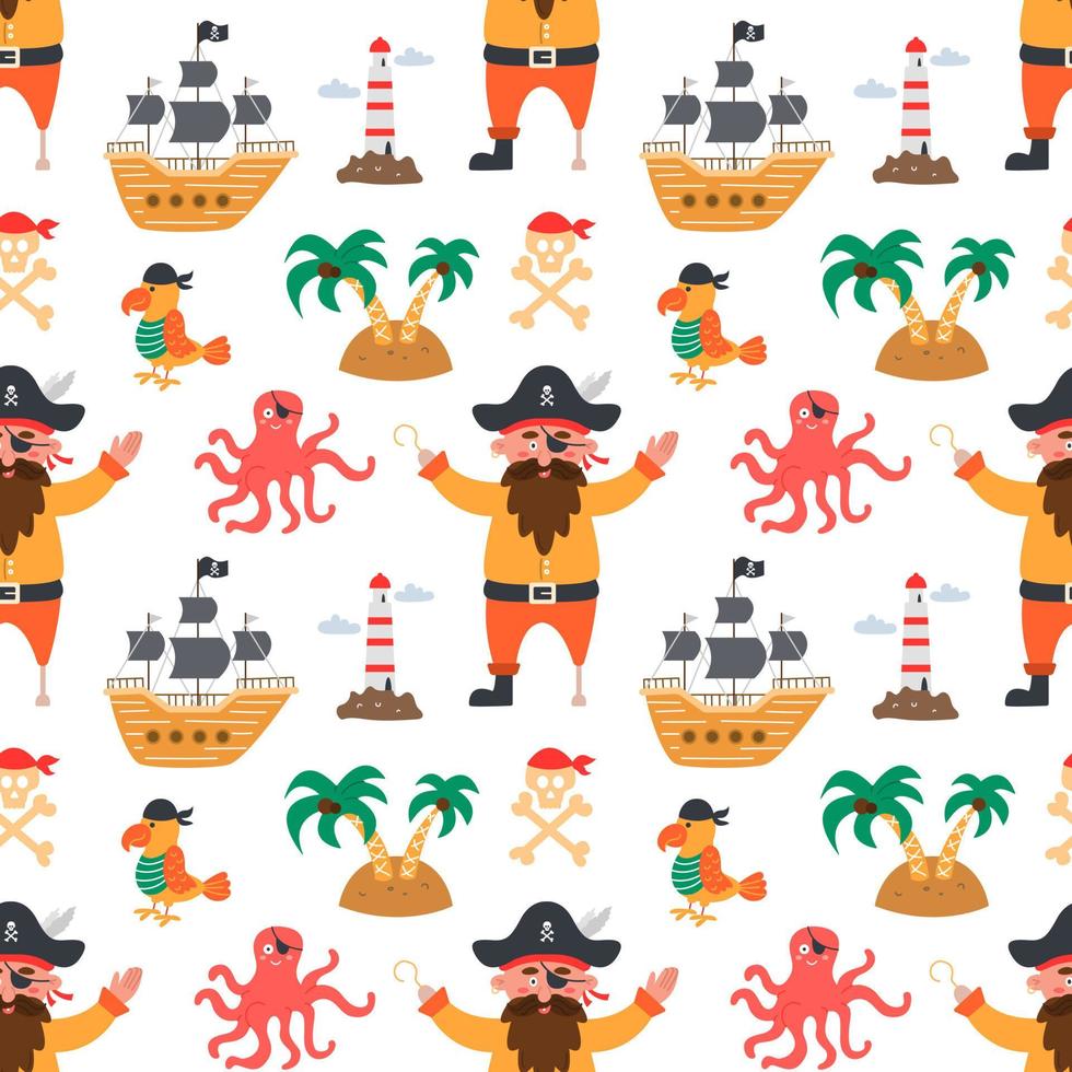 Pirat mit Papagei, Schiff, Oktopus und Insel, Vektor nahtlose Muster im flachen Cartoon-Stil