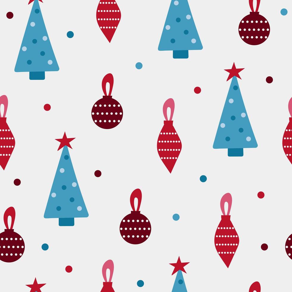 nahtloses Vektormuster - Weihnachtsbaum und Weihnachtsspielzeug. rote und blaue farben vektor