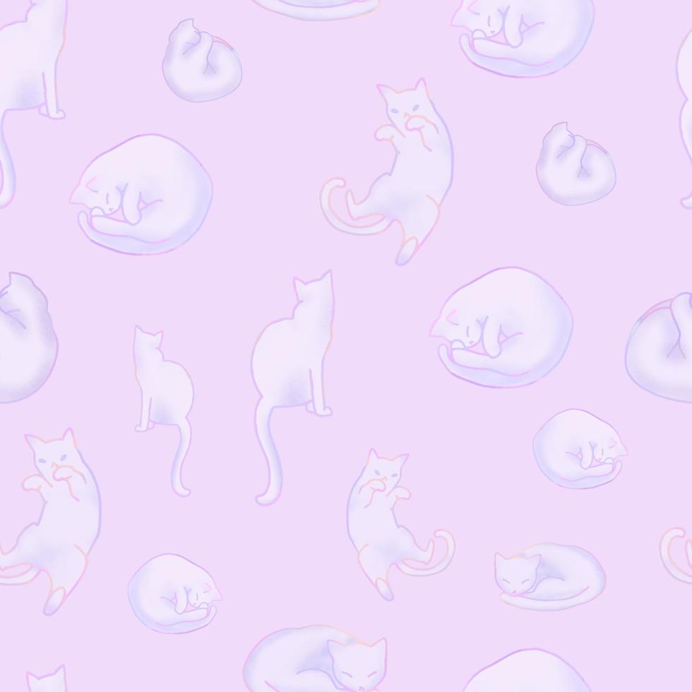 nahtloses Muster mit weichen, süßen Pastellkatzen auf violettem Hintergrund. Vektoreps 10 vektor