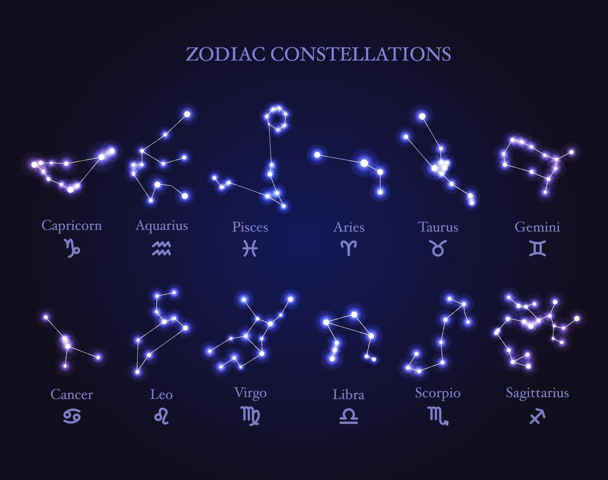 Satz isolierter glänzender Astrologie-Tierkreiskonstellationen mit Zeichen vektor