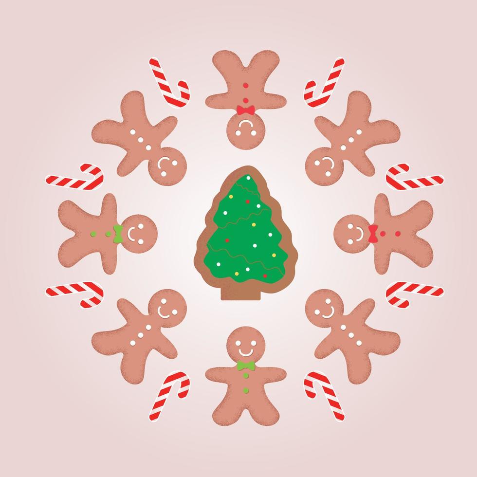Zusammensetzung des Lebkuchenmannes mit Zuckerstangen um den Weihnachtsbaum. Vektor-Illustration eps10 vektor