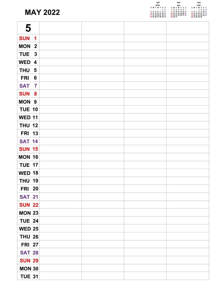 maj 2022, kalendermalldesign för affärsmånadsplanerare och anteckningar. veckan börjar på söndag, månadsplanerare för 2021 år och vektordesign för pappersvaror. vektor
