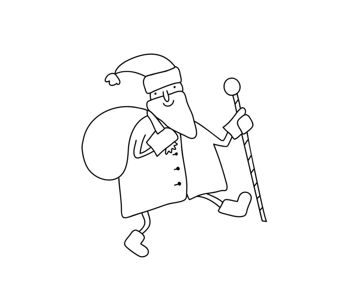 rolig tecknad vektor monoline jultomten med påse med presenter. handritad illustration för jul och nyår affischer, presentetiketter och etiketter