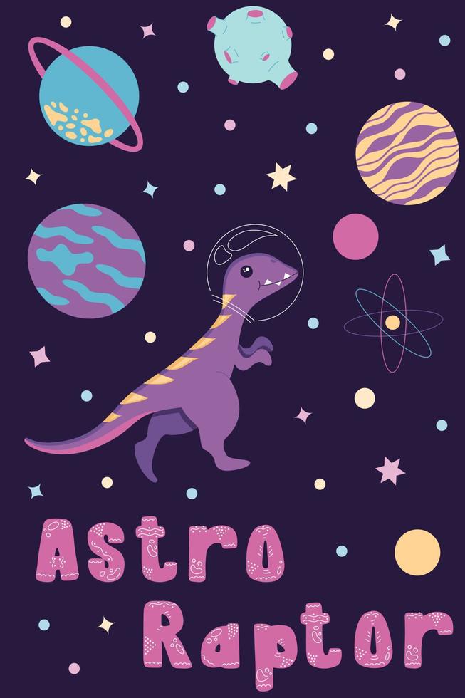 vykort av astro raptor i en hjälm från en rymddräkt flyger genom rymden, stjärnor och planeter. illustration i platt stil, isolerad på en lila bakgrund. vektor