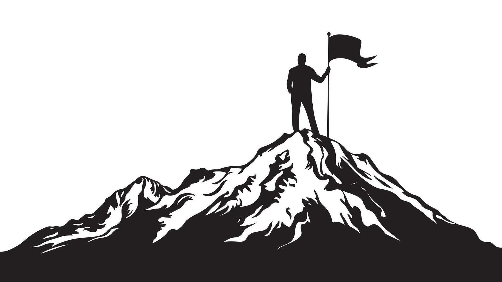 Silhouette von ein Mann Stehen auf oben von ein Berg halten ein Flagge vektor