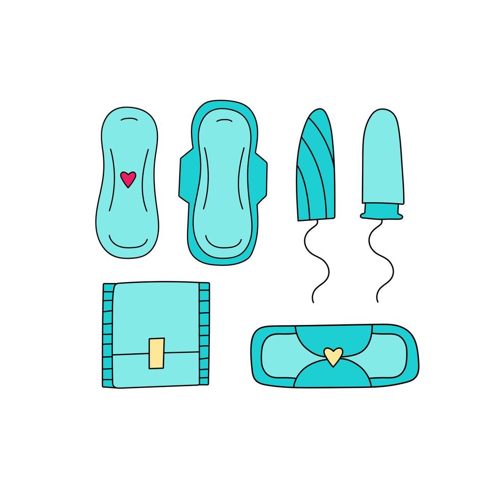 weibliche Hygiene - Damenbinde und Tampon. Reihe von handgezeichneten Produkten vektor