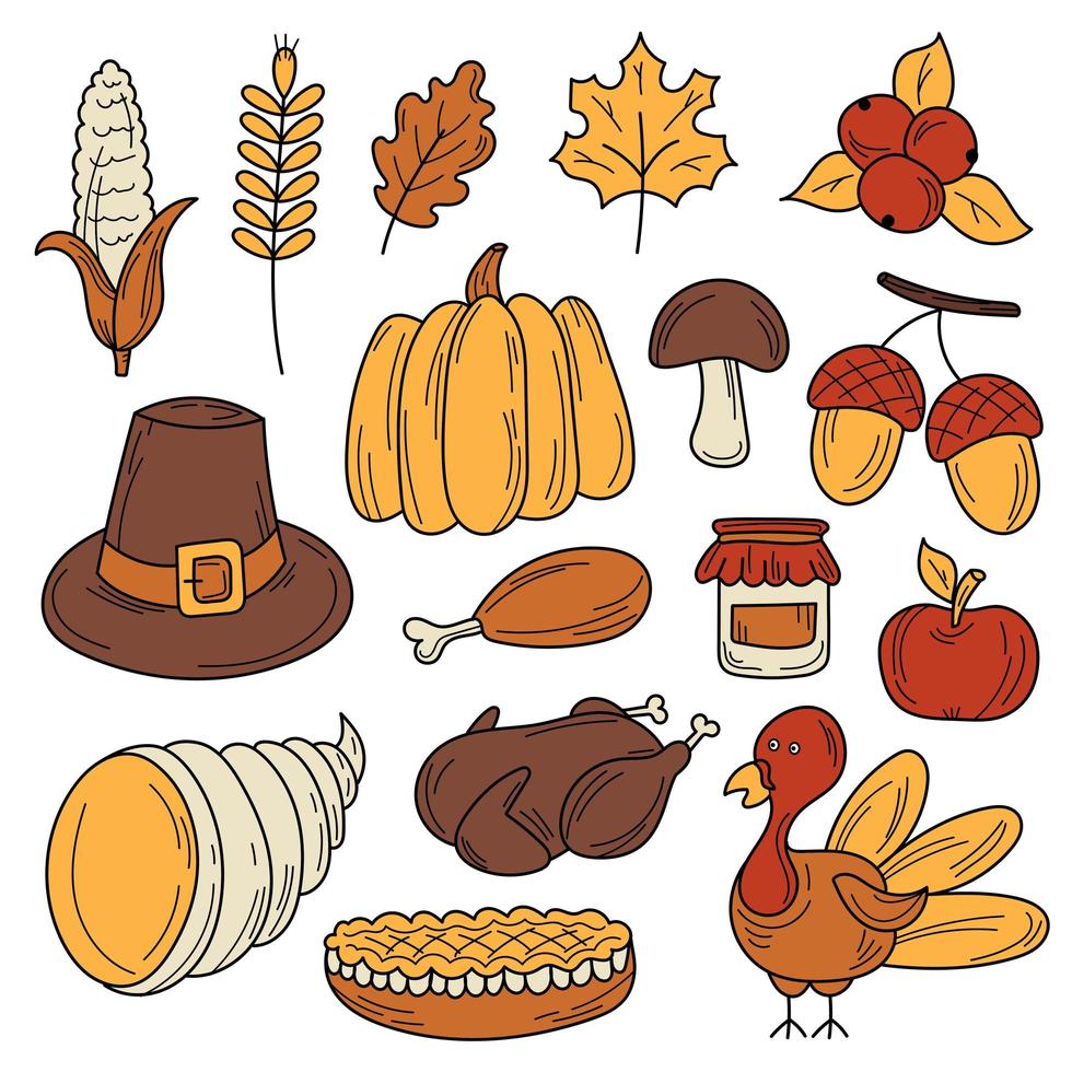 handgezeichnete Cartoon-Reihe von Thanksgiving-Herbst-Thema vektor