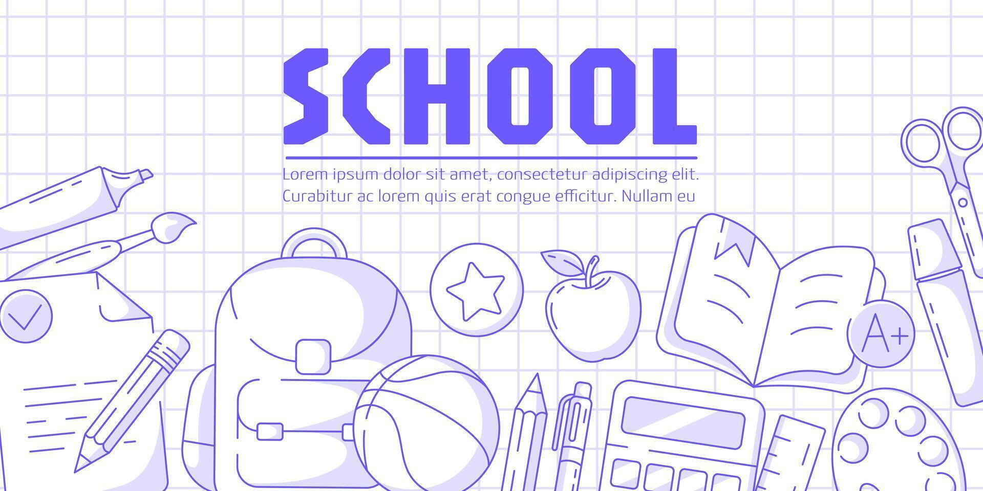 Banner mit Schule Lieferungen, minimalistisch Design, kariert Hintergrund. Rucksack, Basketball, Blatt von Papier, öffnen Buch, Taschenrechner und Schreibwaren. zum Poster, Flyer, Netz, Geschäft vektor