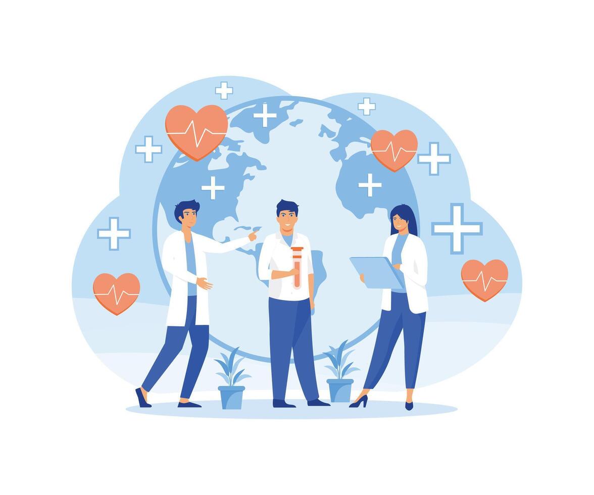 värld hälsa dag. doktorer och medicinsk arbetare är fira hälsa dag. platt modern illustration vektor