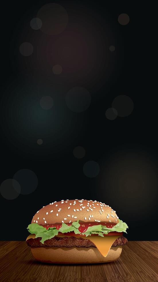hausgemacht Cheeseburger Seite Aussicht auf hölzern Tabelle haben verschwommen Nacht Leben Vertikale Hintergrund mit Bokeh bewirken Illustration haben leer Raum zum Werbung. vektor