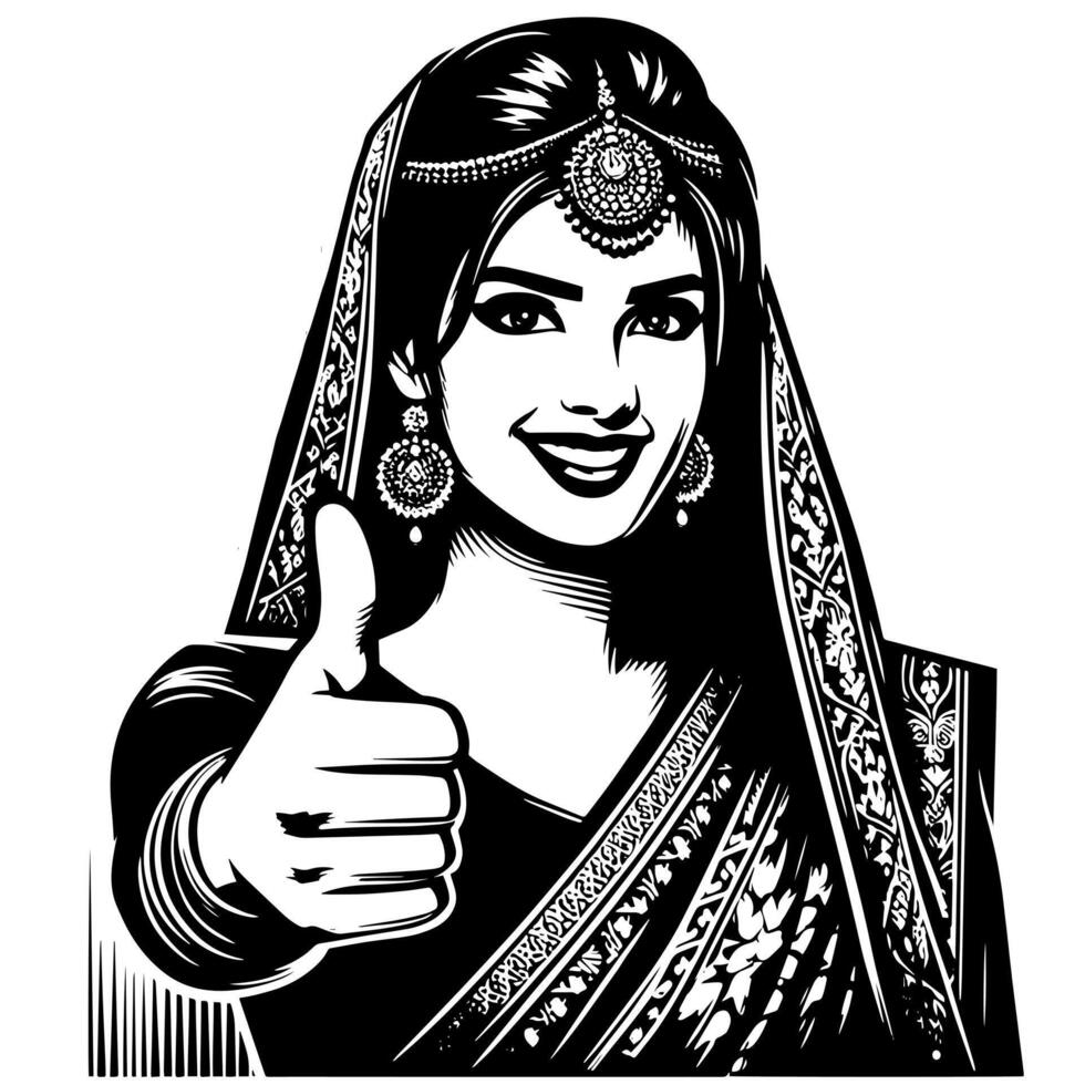 schwarz und Weiß Silhouette von ein indisch Kerl im ein positiv glücklich Pose und halten Daumen oben vektor