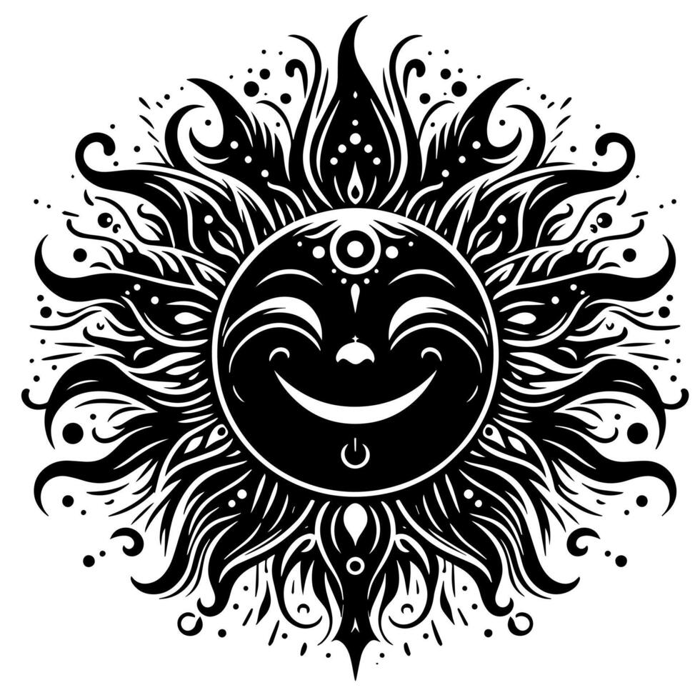 svart och vit silhuett av en Sol symbol med en leende Lycklig ansikte vektor