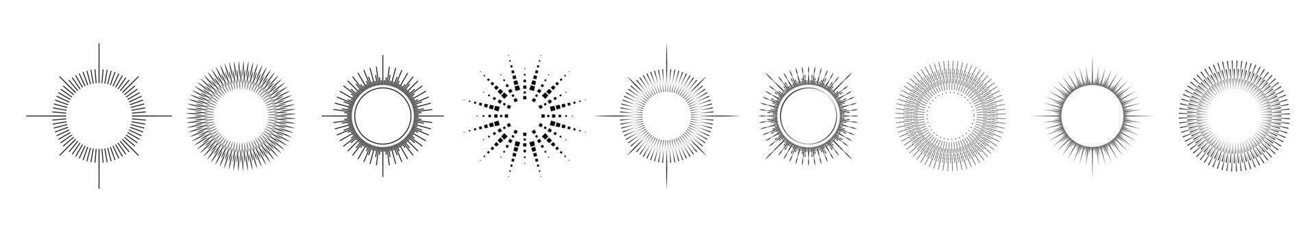 Feuerwerk. Jahrgang Sunburst Sammlung. Sprengung Sonne Strahlen.Logotyp oder Beschriftung Design Element. radial Sonnenuntergang Balken. Illustration vektor