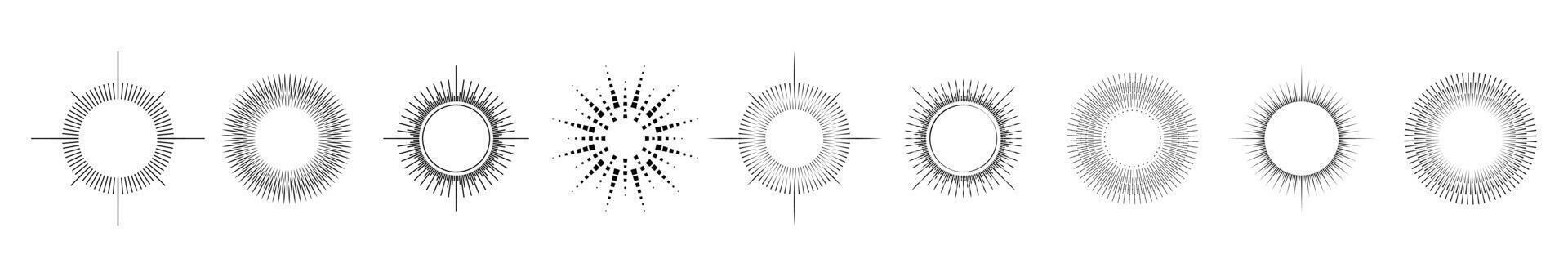 fyrverkeri. årgång sunburst samling. spricker Sol strålar.logotyp eller text design element. radiell solnedgång strålar. illustration vektor