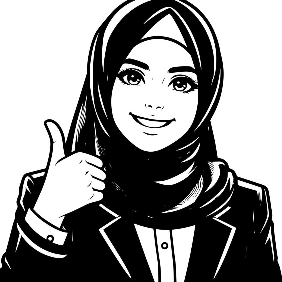 schwarz und Weiß Silhouette von ein Gruppe von ein weiblich Muslim Frau halten Daumen oben im ein beiläufig Outfit vektor