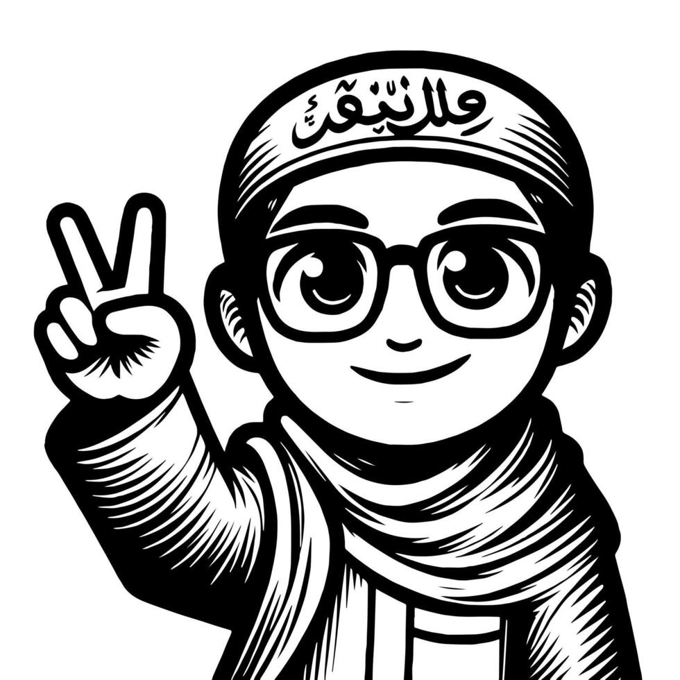 schwarz und Weiß Silhouette von ein Muslim Kerl zeigen das Frieden Zeichen kritzeln vektor