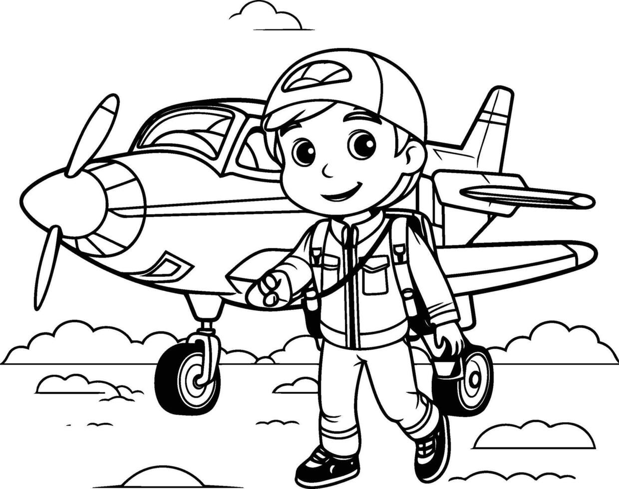 süß wenig Junge mit Flugzeug zum Färbung Buch. vektor