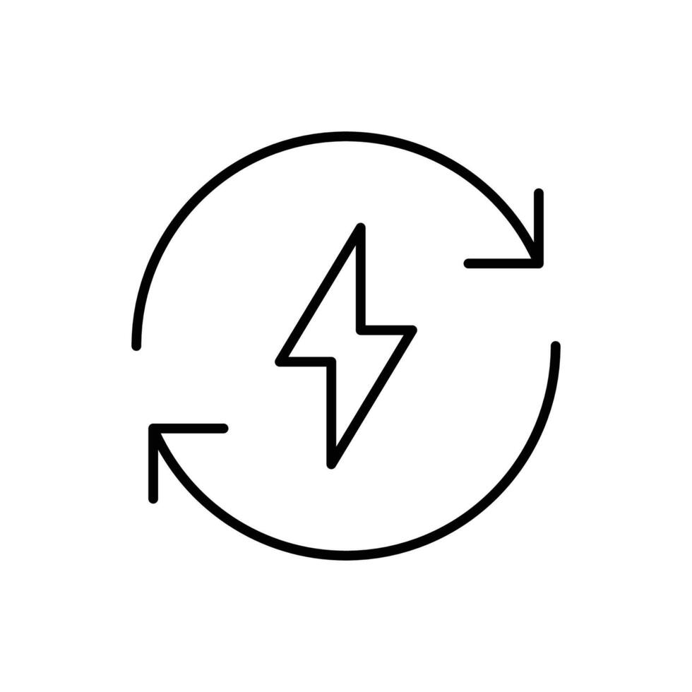 Blitz elektrisch Symbol. einfach Gliederung Stil. Bolzen mit Recycling Drehung Pfeil Zeichen, Kreis, Kapazität, verlängerbar Energie Konzept. dünn Linie Symbol. isoliert. vektor