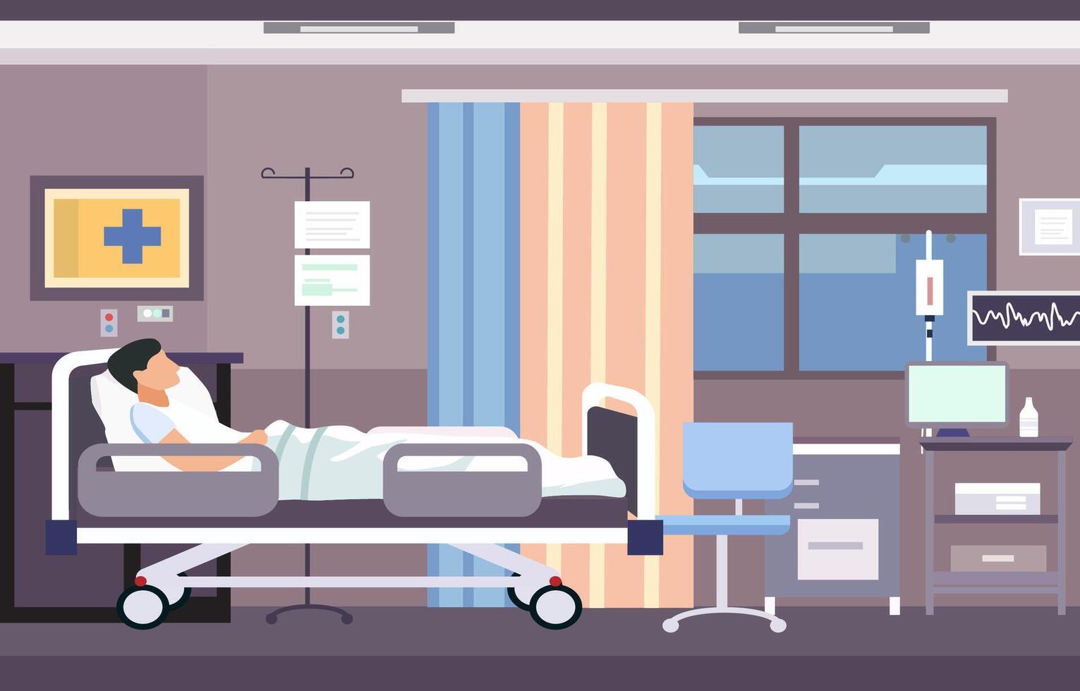 krank männlich geduldig Schlafen auf das Bett im Krankenhaus stationär Zimmer vektor