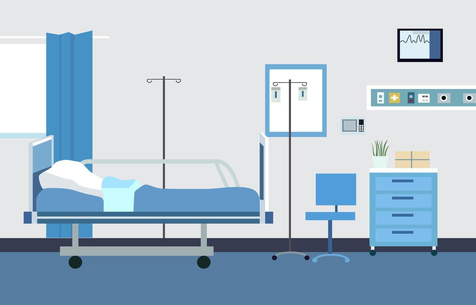 Innere Landschaft von Krankenhaus stationär Zimmer mit Bett und Gesundheit medizinisch Ausrüstungen vektor