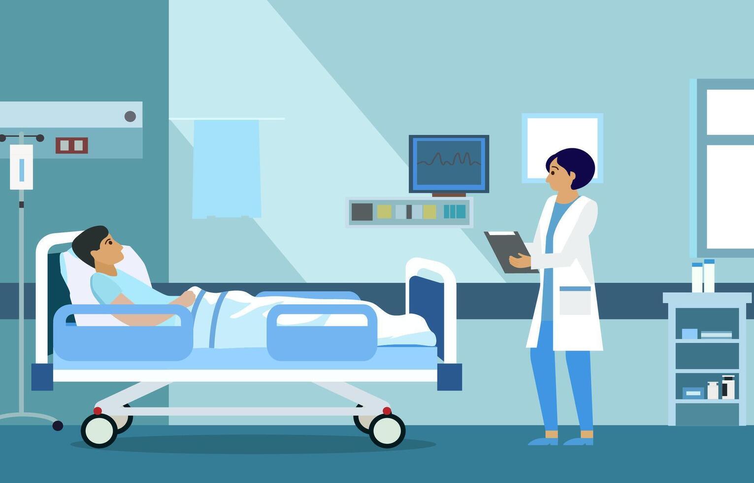 platt design illustration av kvinna läkare kolla upp patient hälsa i sjukhus öppenvård rum vektor