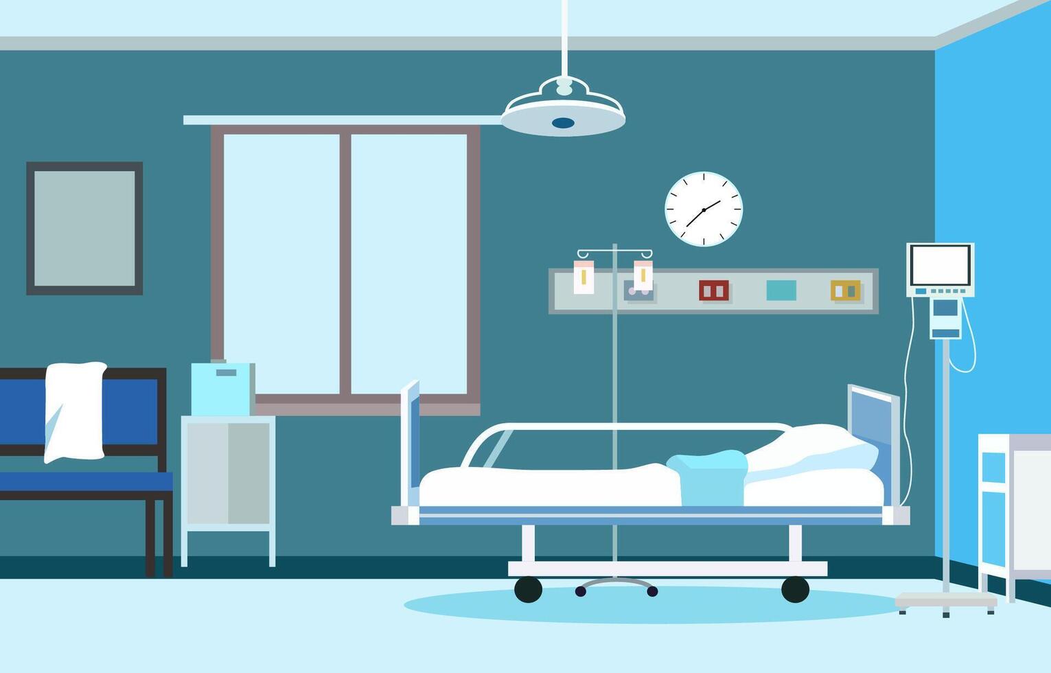 interiör landskap av sjukhus öppenvård rum med säng och hälsa medicinsk utrustning vektor