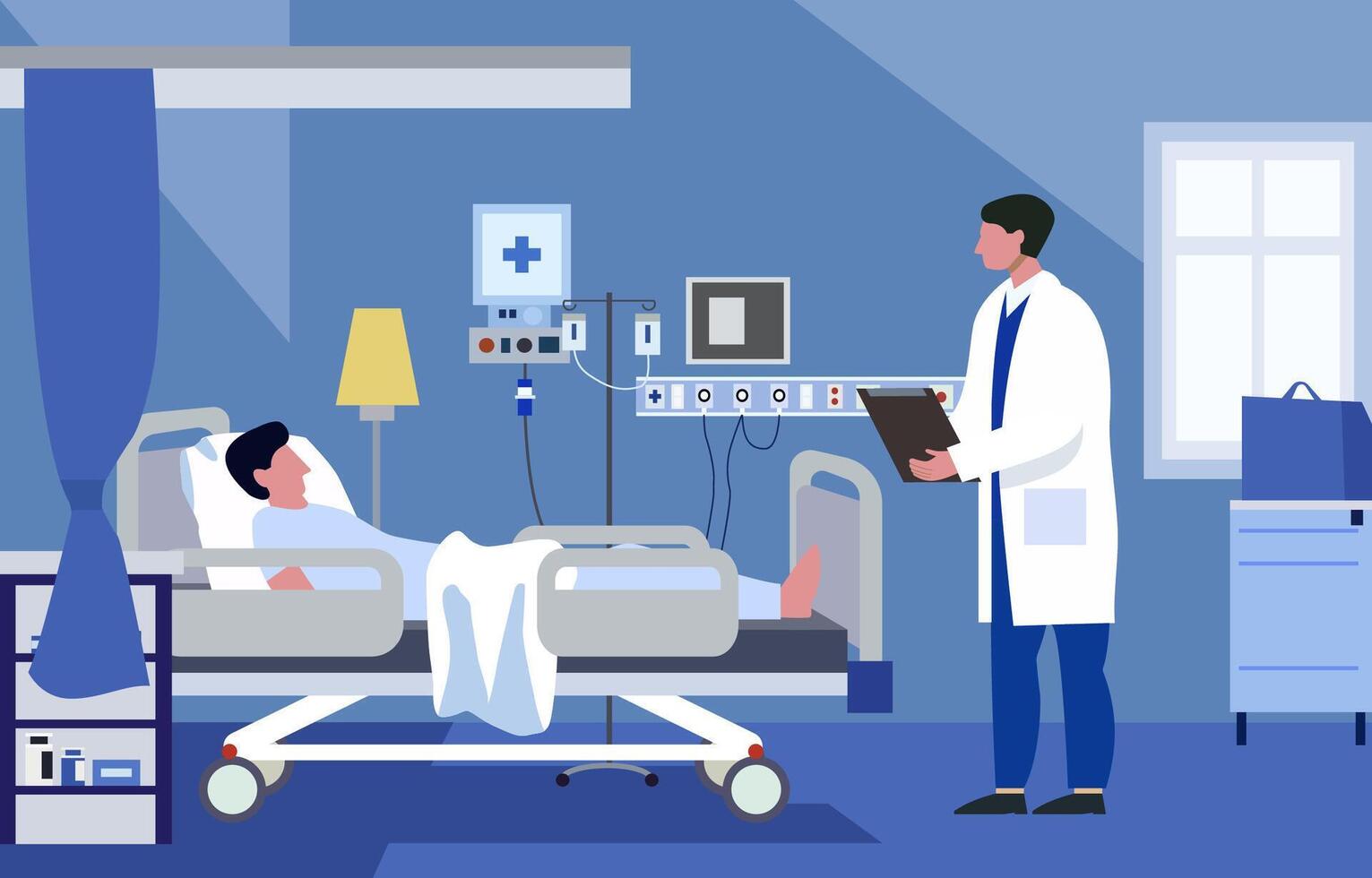 eben Design Illustration von männlich Arzt prüfen geduldig Gesundheit im Krankenhaus stationär Zimmer vektor