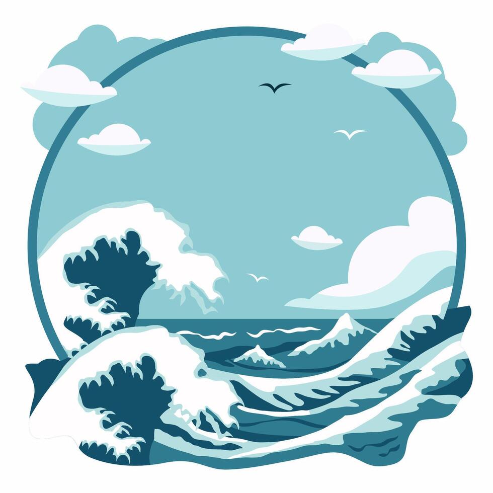 cirkel ram bakgrund med blå hav hav vatten vågor i sommar vektor