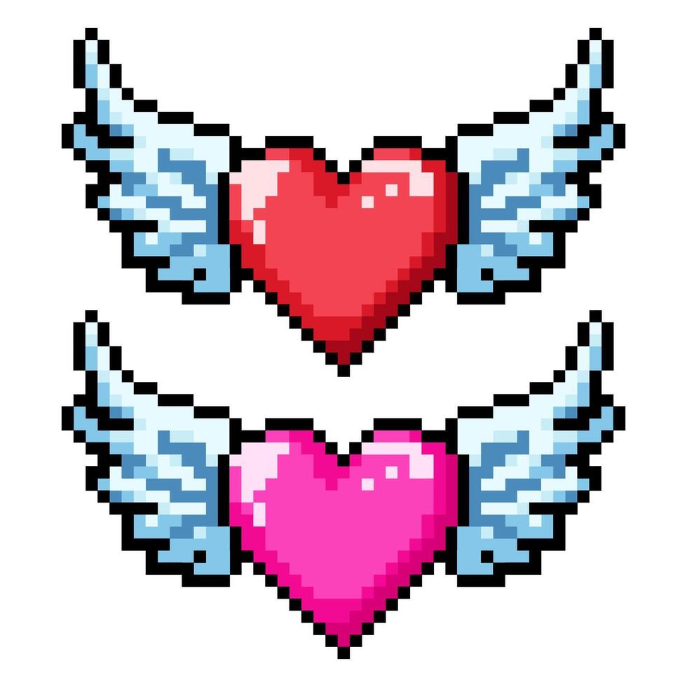 einstellen Pixel Herz Symbol mit Flügel. Arkade Spiel Symbol. 8 bisschen unterzeichnen. abstrakt rot und Rosa Herz. vektor