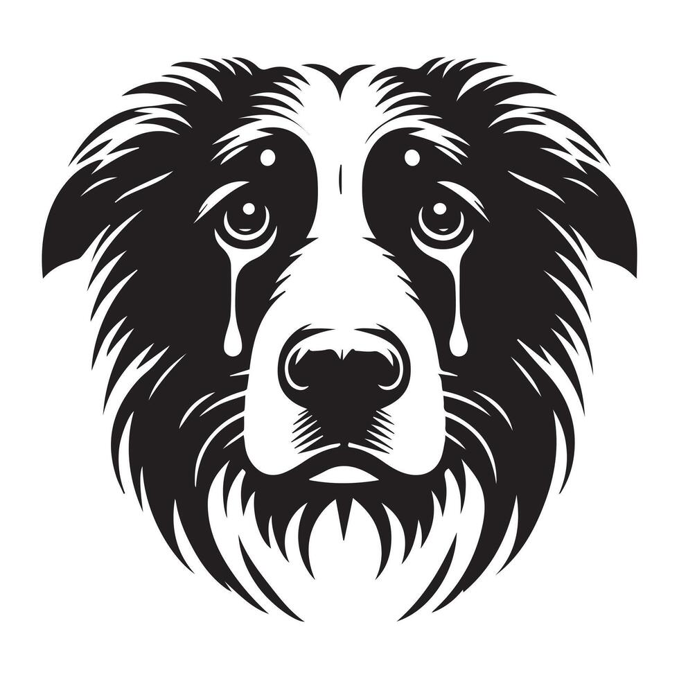 hund - en sorgsen gräns collie hund ansikte illustration i svart och vit vektor