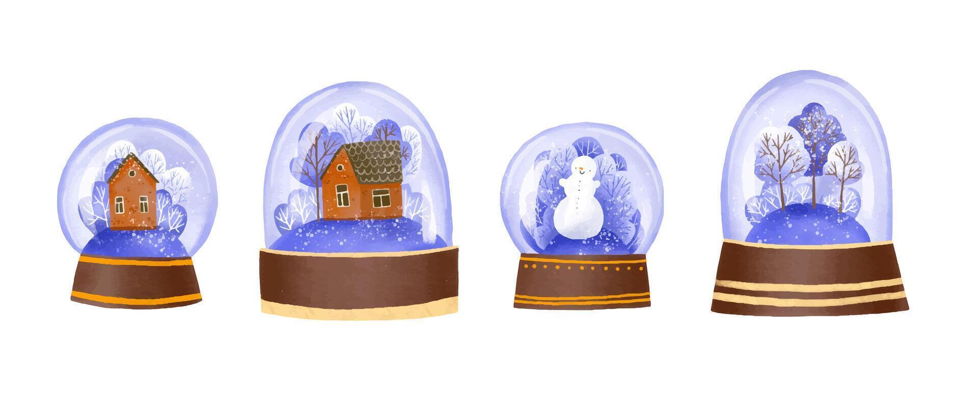 einstellen von Weihnachten Glas Schnee Globen mit Landschaft. schneebedeckt Wald vektor