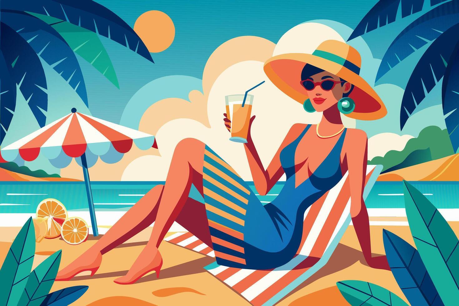 Frau genießen tropisch trinken auf sonnig Strand. jung Dame mit erfrischend Cocktail. Konzept von Sommer- Freizeit, Strand Entspannung, Ferien Schwingungen. Grafik Illustration. drucken, Design vektor