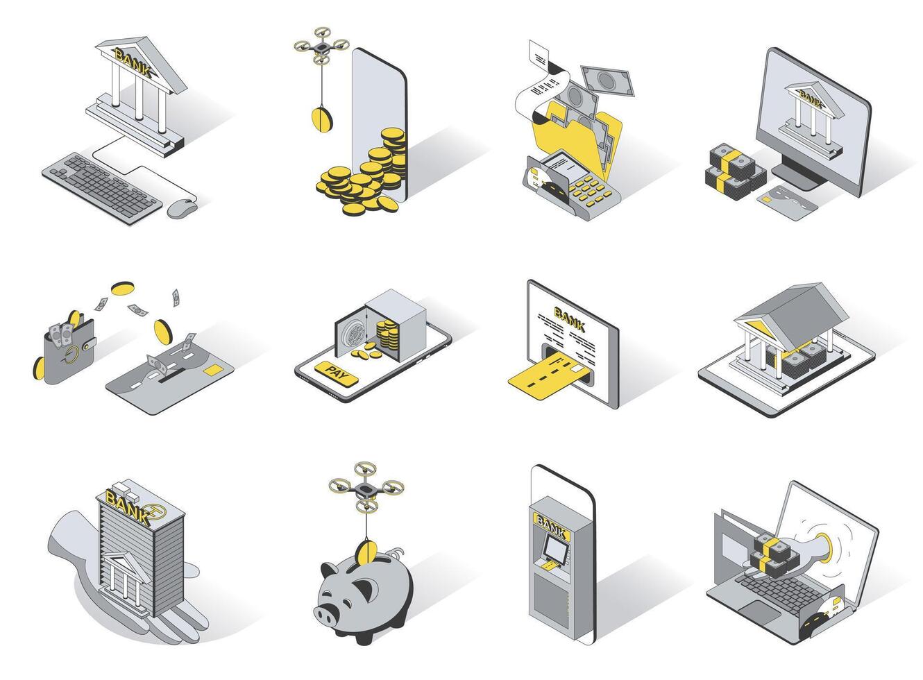 Bankwesen Konzept 3d isometrisch Symbole Satz. Pack Elemente von Bank Anwendung, MwSt Zahlung, Kaution, Geld überweisen, finanziell Analyse, Prüfung und andere. Illustration im modern Isometrie Design vektor