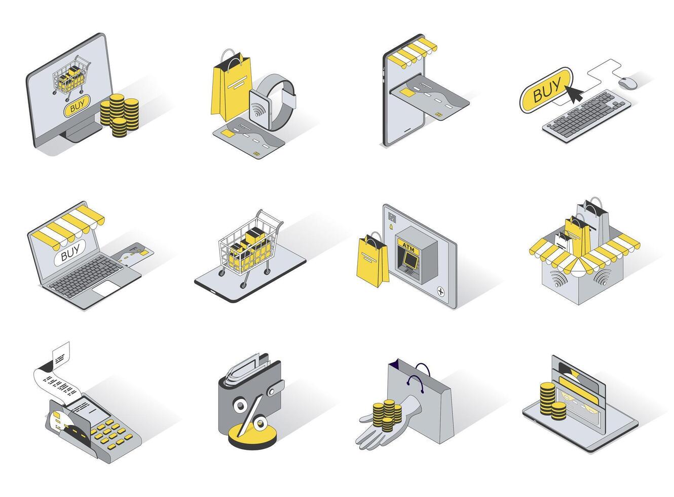 E-Commerce 3d isometrisch Symbole Satz. Pack Elemente von Auswahl und Bestellung von Waren online im Geschäft oder Supermarkt, Zahlung durch Anerkennung Karte, Rabatte. Illustration im modern Isometrie Design vektor