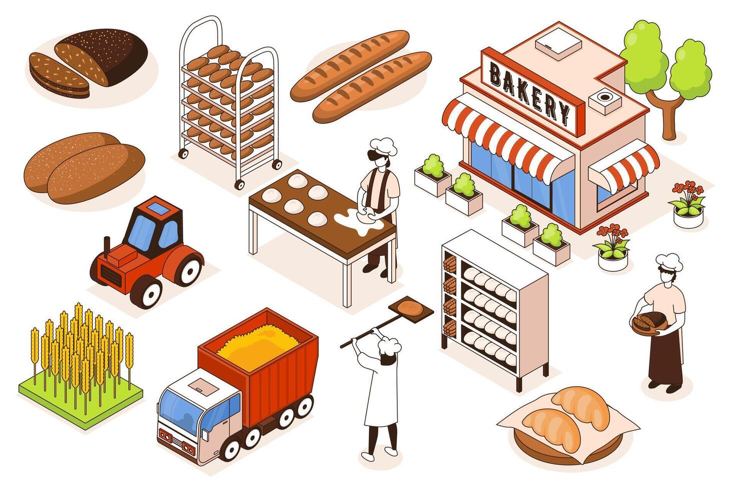 Bäckerei 3d isometrisch Mega Satz. Sammlung eben Isometrie Elemente und Menschen von Backhaus Geschäft Gebäude, Bäcker Herstellung Brot, Gebäck Verfahren, Weizen LKW, landwirtschaftlich Maschinen. Illustration. vektor