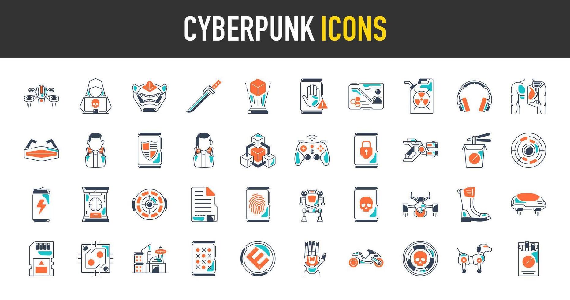 Cyber Punk Symbol Satz. eine solche wie Schutz, gesichert Netzwerk, Drohne, Maske, Bildschirm, Nudeln, Pistole, implantieren, Hand, Datenbank, Kopfhörer, Unternehmen, Flugzeug, Katana, Hacker Technologie Illustration. vektor