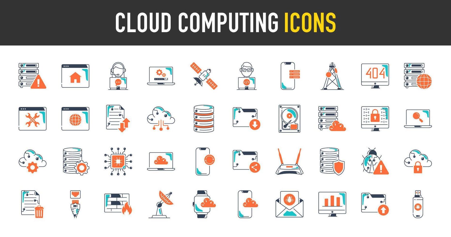 Wolke Computing Symbole Satz. eine solche wie Technologie, Daten Center, Verbindung, Netzwerk, Digital, Datenbank Plattform, Unterstützung, Satellit, System, Sicherheit, Server, Router, Hosting Illustration Symbol. vektor