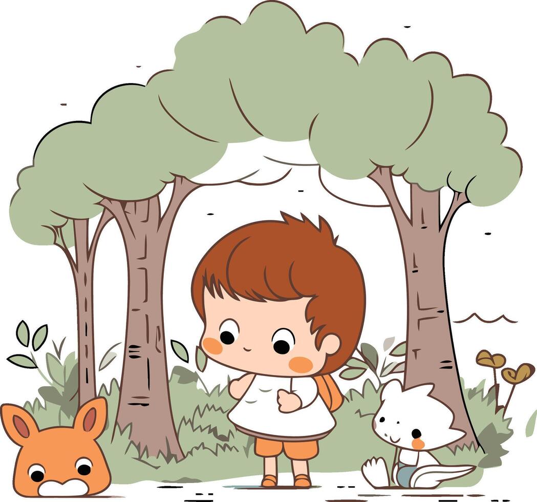 wenig Junge und Fuchs im das Wald. süß Karikatur Illustration. vektor
