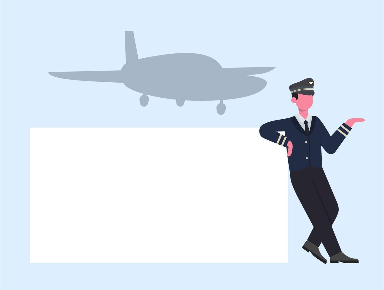 ein Pilot, der am Flughafen vor dem Hintergrund des Flugzeugs, das landen würde, an einer Wand lehnte, flache Designillustration vektor