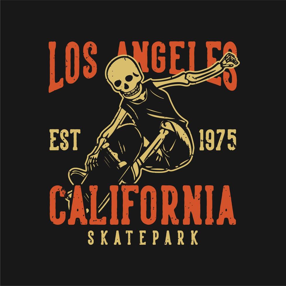 t-shirt design los angeles kalifornien skatepark est 1975 med skelett som spelar skateboard vintage illustration vektor