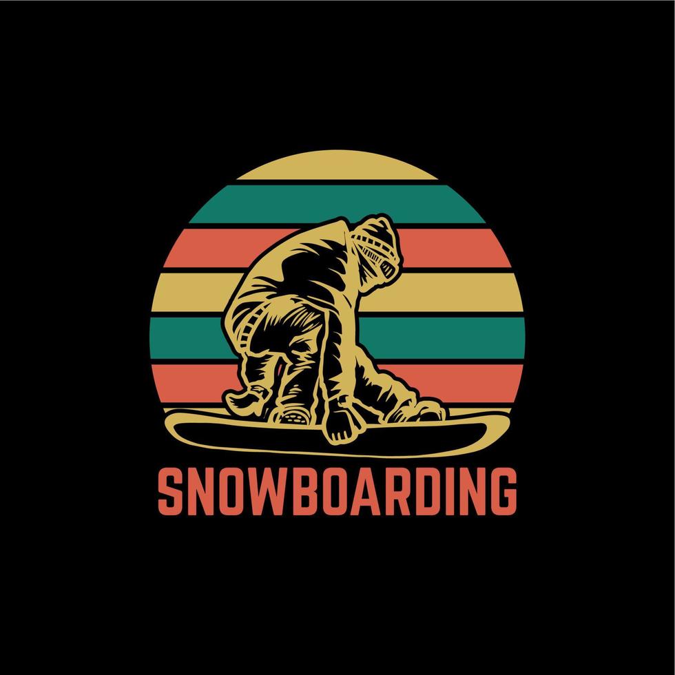 t-shirt design snowboardåkning med snowboardåkare och svart bakgrund vintage illustration vektor