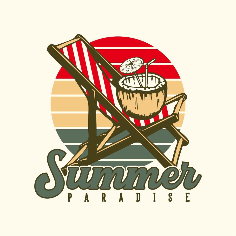 logo design sommarparadis med kokosjuice på solstolen vintage illustration vektor