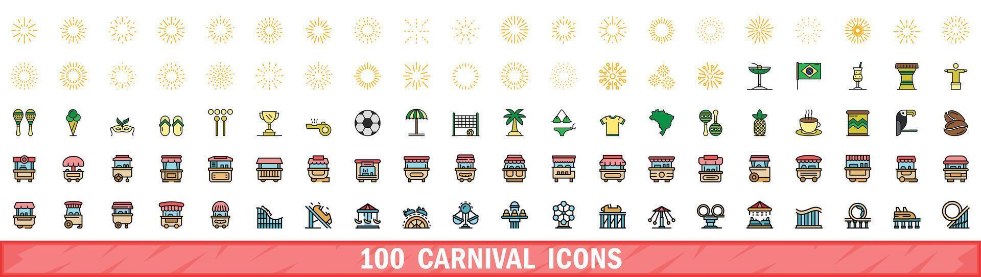 100 Karneval Symbole Satz, Farbe Linie Stil vektor