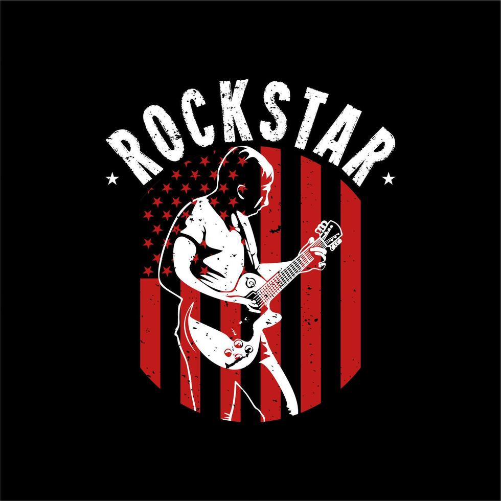 t-shirt design rockstar med man spelar gitarr och svart bakgrund vintage illustration vektor