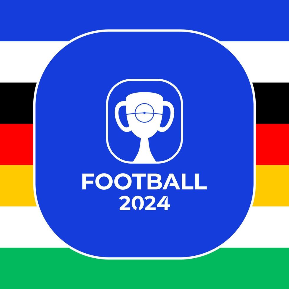 Vektorlogo der Fußballmeisterschaft 2024. Fußball oder Fußball 2024 Logo-Emblem auf nicht offiziellem blauem Hintergrund mit bunten Linien der Landesflagge. Sportfußballlogo mit Pokaltrophäe. vektor