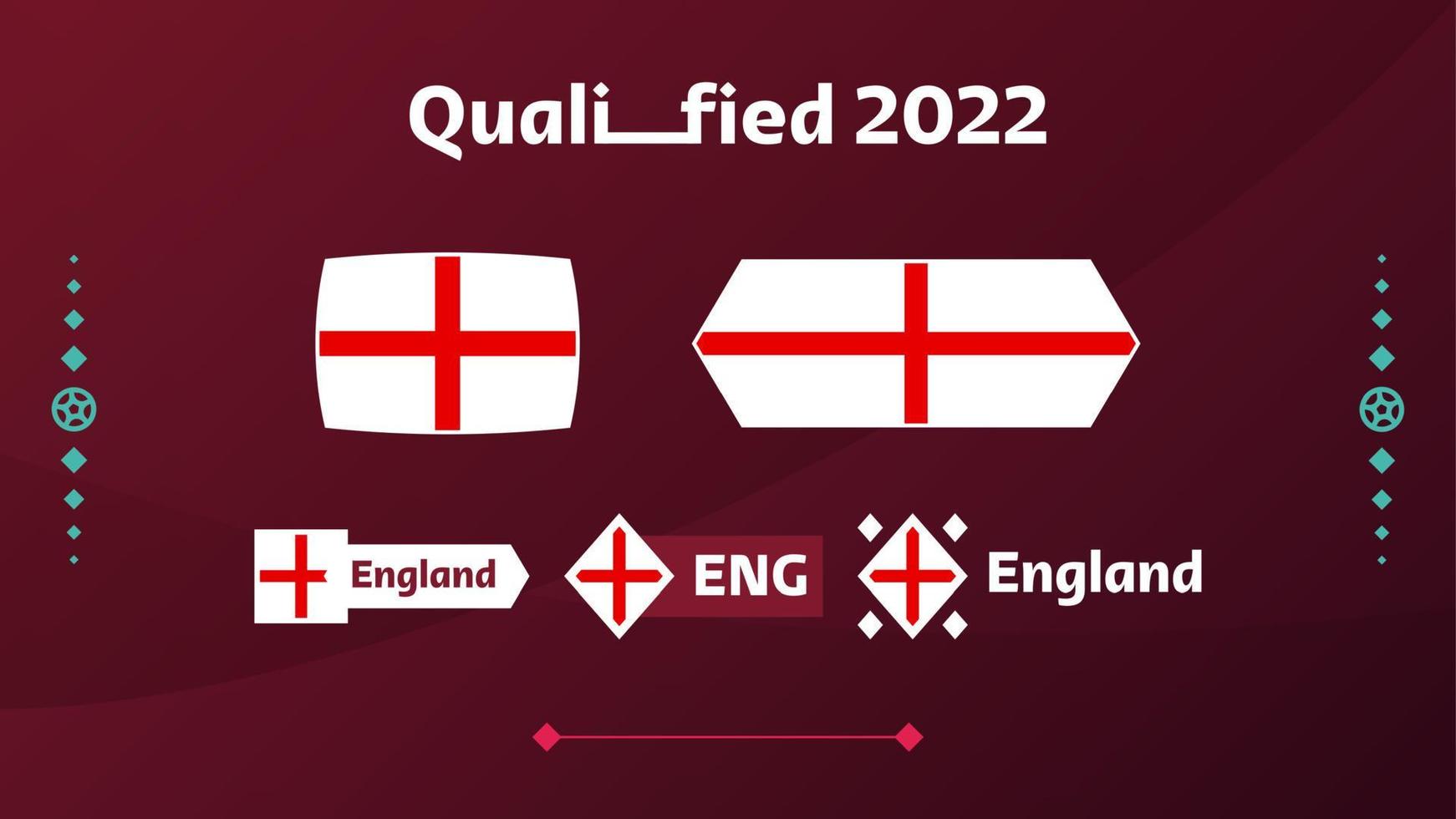 Satz von England-Flagge und Text auf dem Hintergrund des Fußballturniers 2022. Vektor-Illustration Fußball-Muster für Banner, Karte, Website. Nationalflagge England vektor