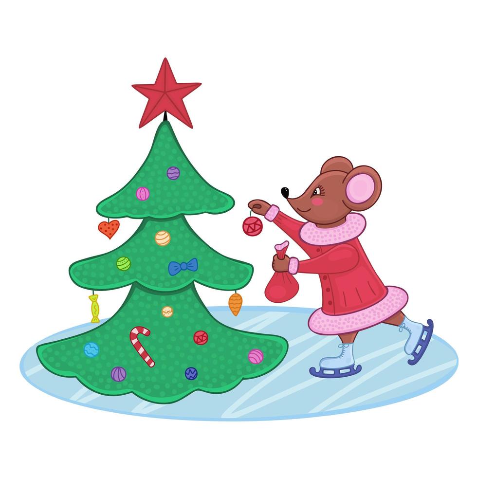 Weihnachtsbaum und Maus. Neujahrsillustration für Hintergründe, Icon-Web, Mobildesign, Tapeten, Cover, Verpackungen, Poster, Aufkleber, saisonales Textildesign einzeln auf weißem Hintergrund. vektor